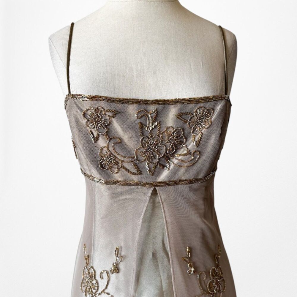Vintage Y2K Beige Gold Mesh Satin Floral Beaded Formal Maxi Prom Dress Size M/L - Picture 7 of 12